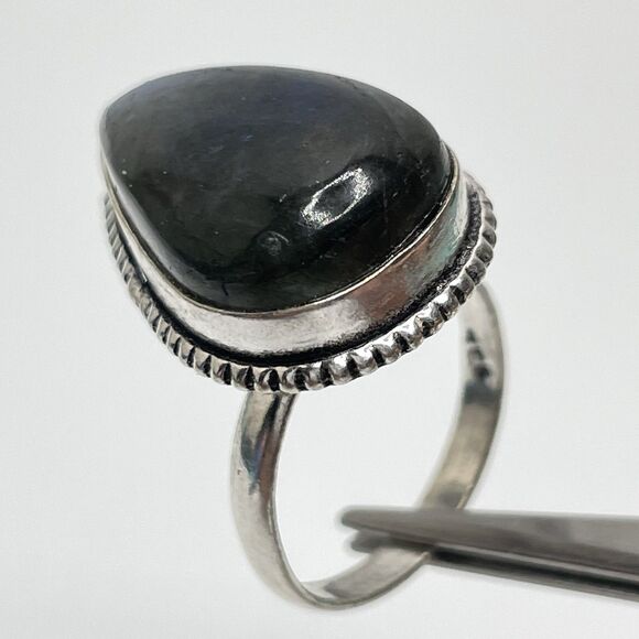 Teardrop Shaped Labradorite Gemstone Silver Plated Ring Statement Boho Sz. 6.5 - Picture 1 of 6